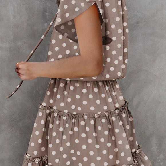 Khaki Polka-Dot Flowy Mini Dress - Picture 7 of 9